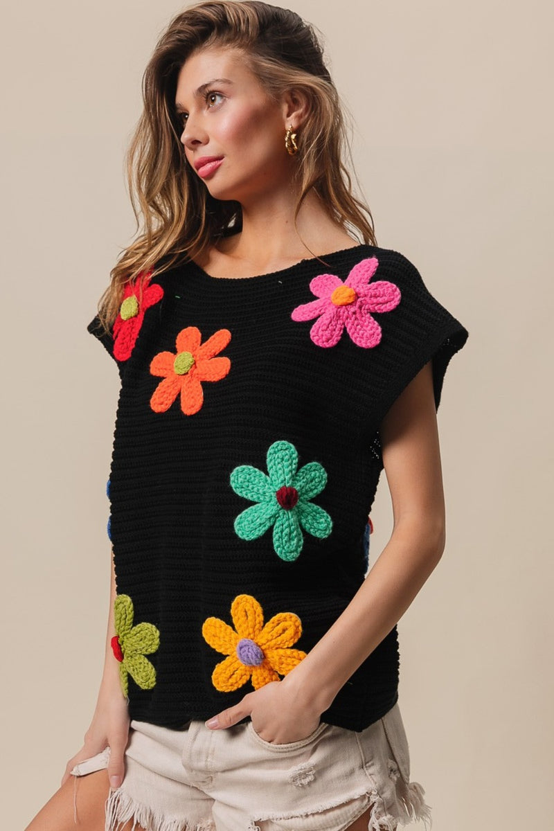 Flower Round Neck Knit Top