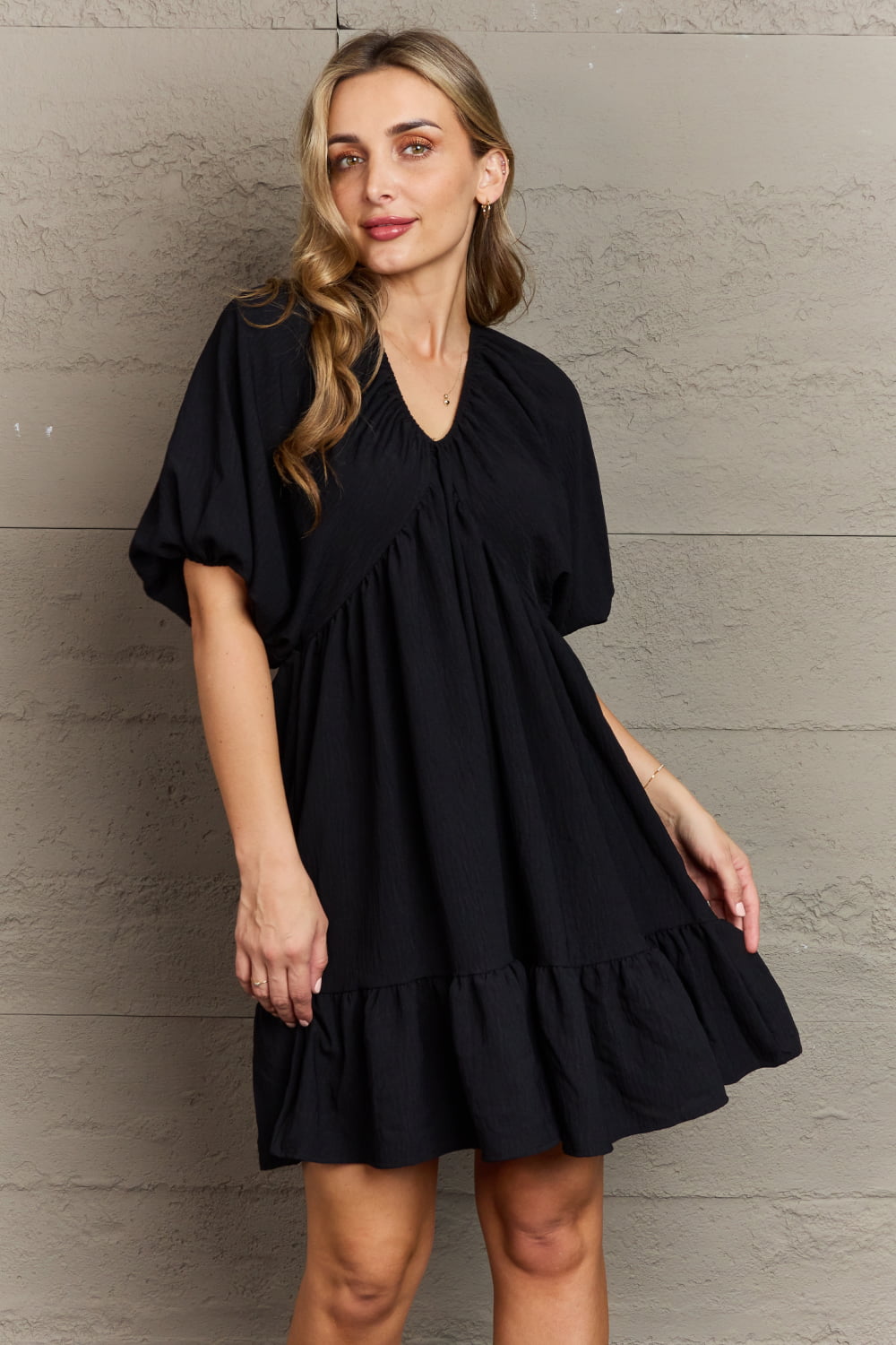 Comfort Cutie V-Neck Puff Sleeve Mini Dress - Zen Boutique : Designs For A Lifetime